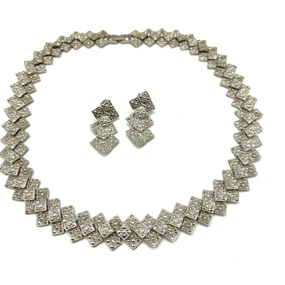 Vintage Necklace  Geometric Link Necklace and Earrings Set Silver Tone Sparkling - Picture 7 of 10